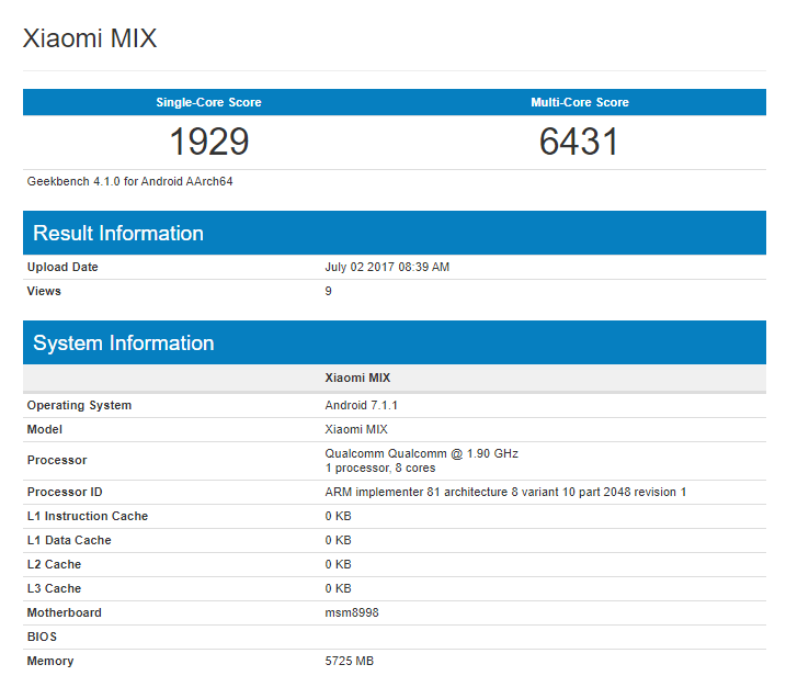 Xiaomi Mi MIX 2 Geekbench